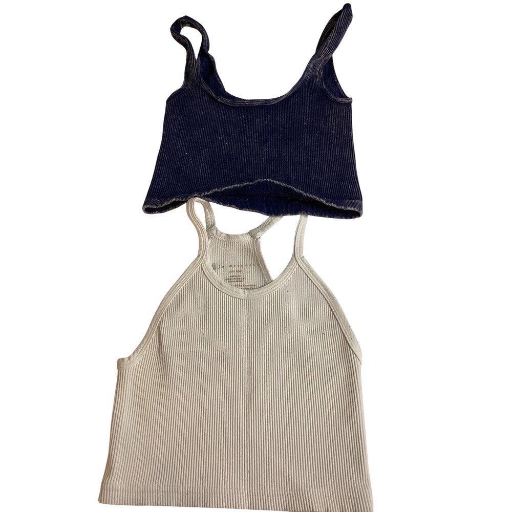 Free People FP Movement Ribbed Seamless Crop‎ Tank Top Bundle Navy White XS/S